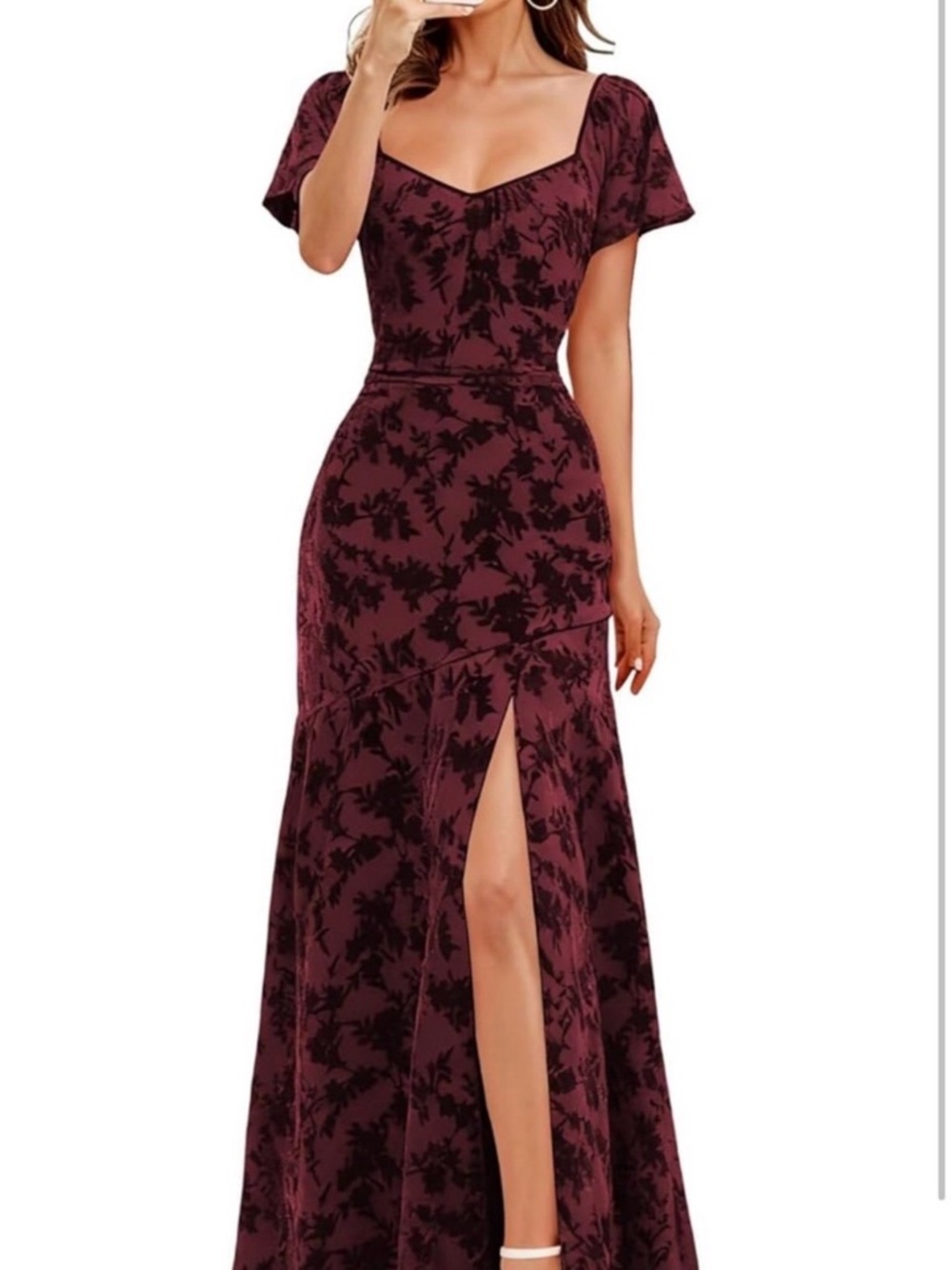 Burgundy Floral Split Maxi Dress with Sweetheart Neckline